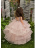 Rose Pink Lace Tulle Ruffle Keyhole Back Flower Girl Dress